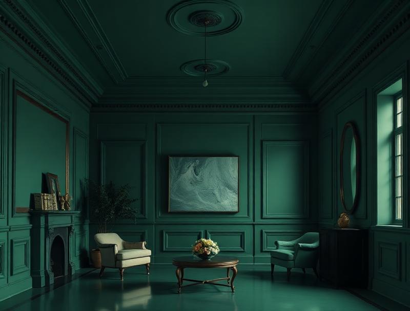 Color drenching interior design trend with deep forest green walls, ceiling, and trim