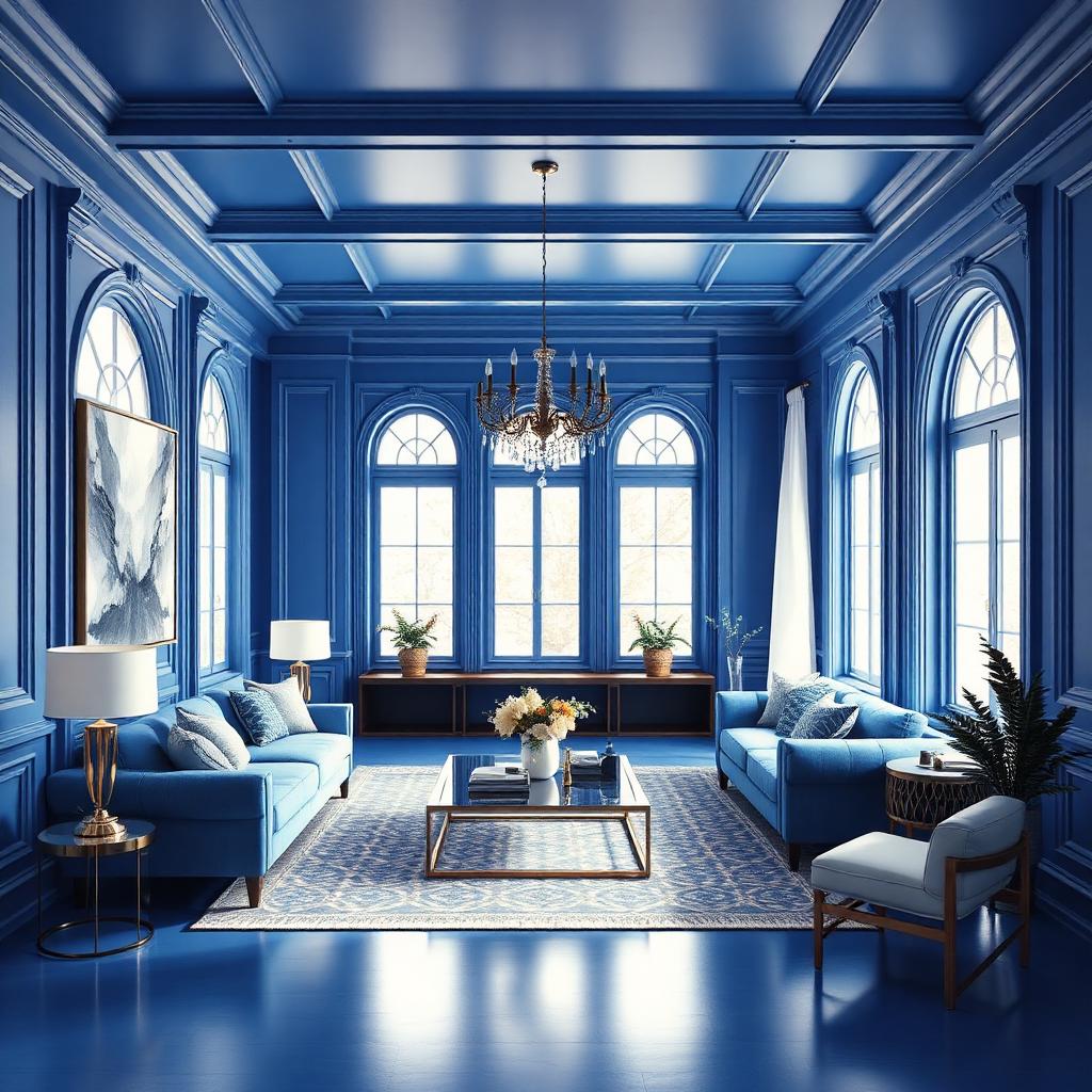 3D render showing colour drenching in a jewel-toned living room with deep blue monochromatic walls and ceiling