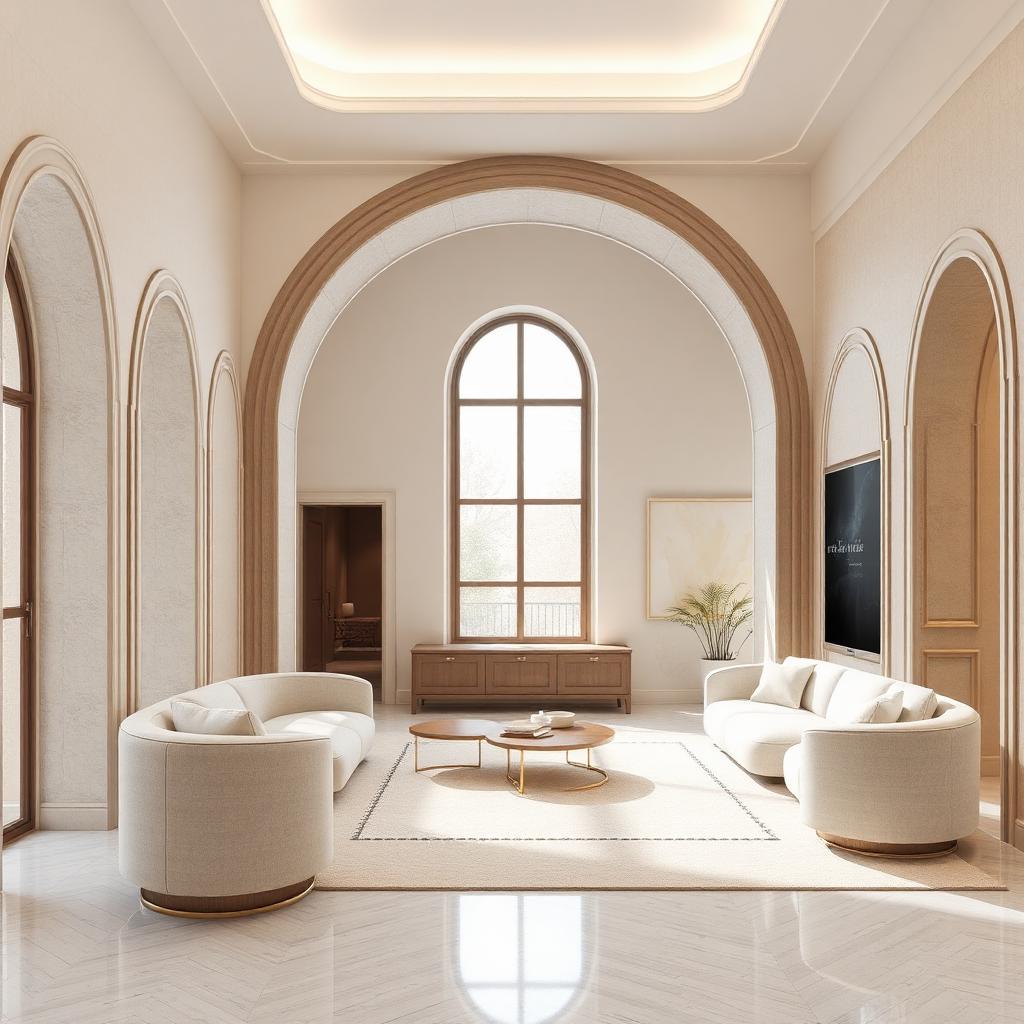 3D modeling of curved architectural details featuring arched doorways and sculptural rounded furniture