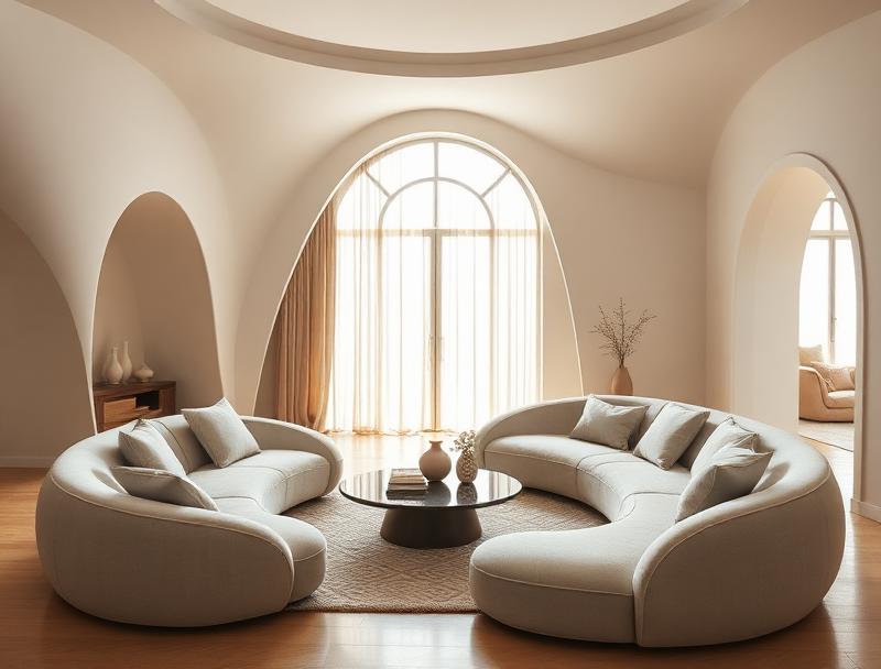Curved furniture and sculptural forms in modern interior design with arched doorways