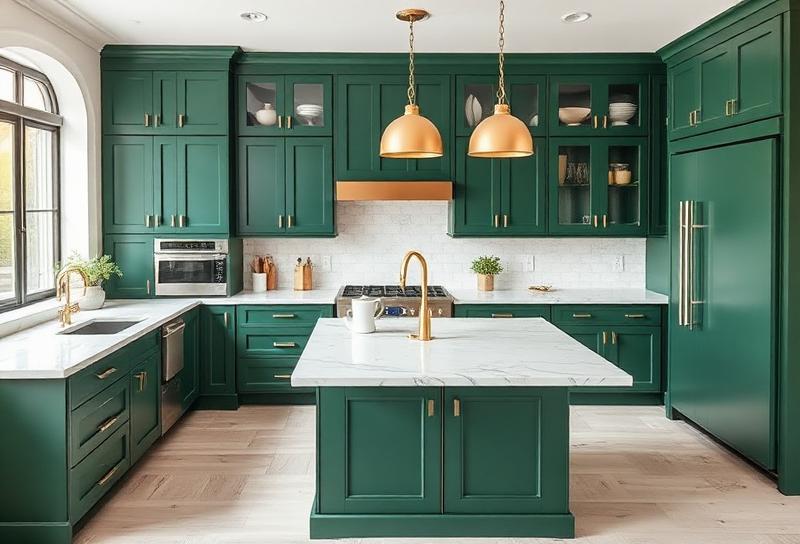 Modern kitchen with forest green cabinets and marble countertops