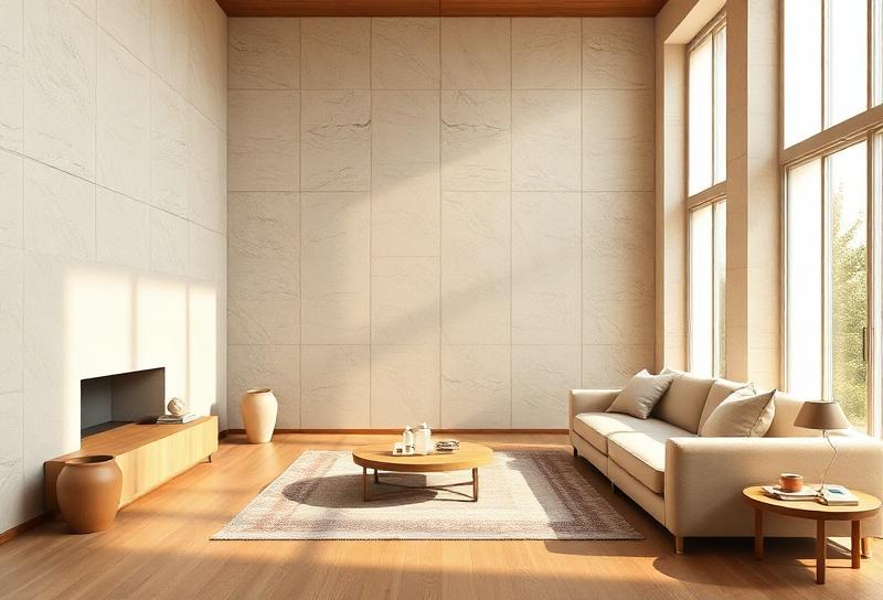 AI-generated Japandi living room with travertine walls and linen upholstery