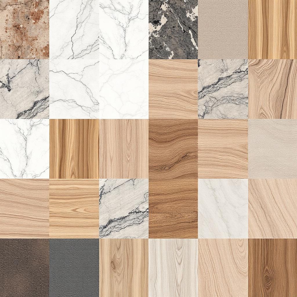 High fidelity 4K material texture samples showcasing marble, wood grain, and fabric for livable luxury design
