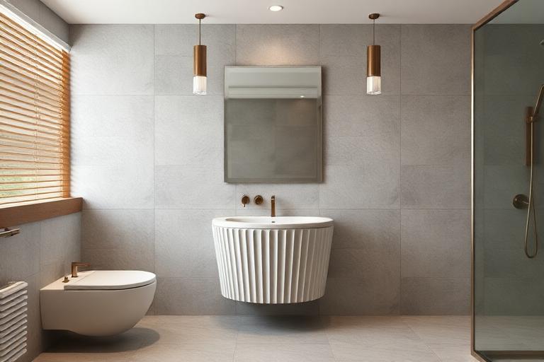 Bathroom with fluted vanity and honed stone textures