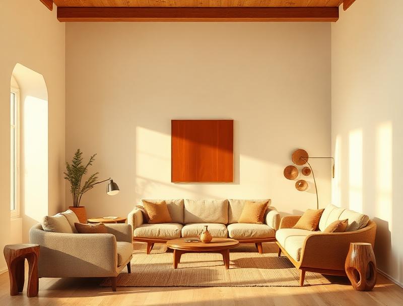 Warm minimalist living room design 2026 with creamy walls, terracotta accents, and natural wood furniture